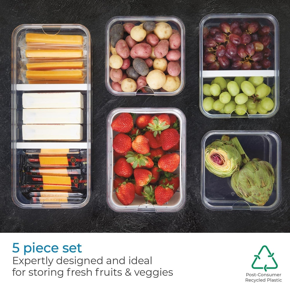 Cutii de depozitare iDesign, organizator frigider cu capac într-un set de 5, cutii de depozitare a alimentelor din plastic reciclat pentru organizarea consumabilelor, transparente și albe Cutii depozitare alimente Naty Shop