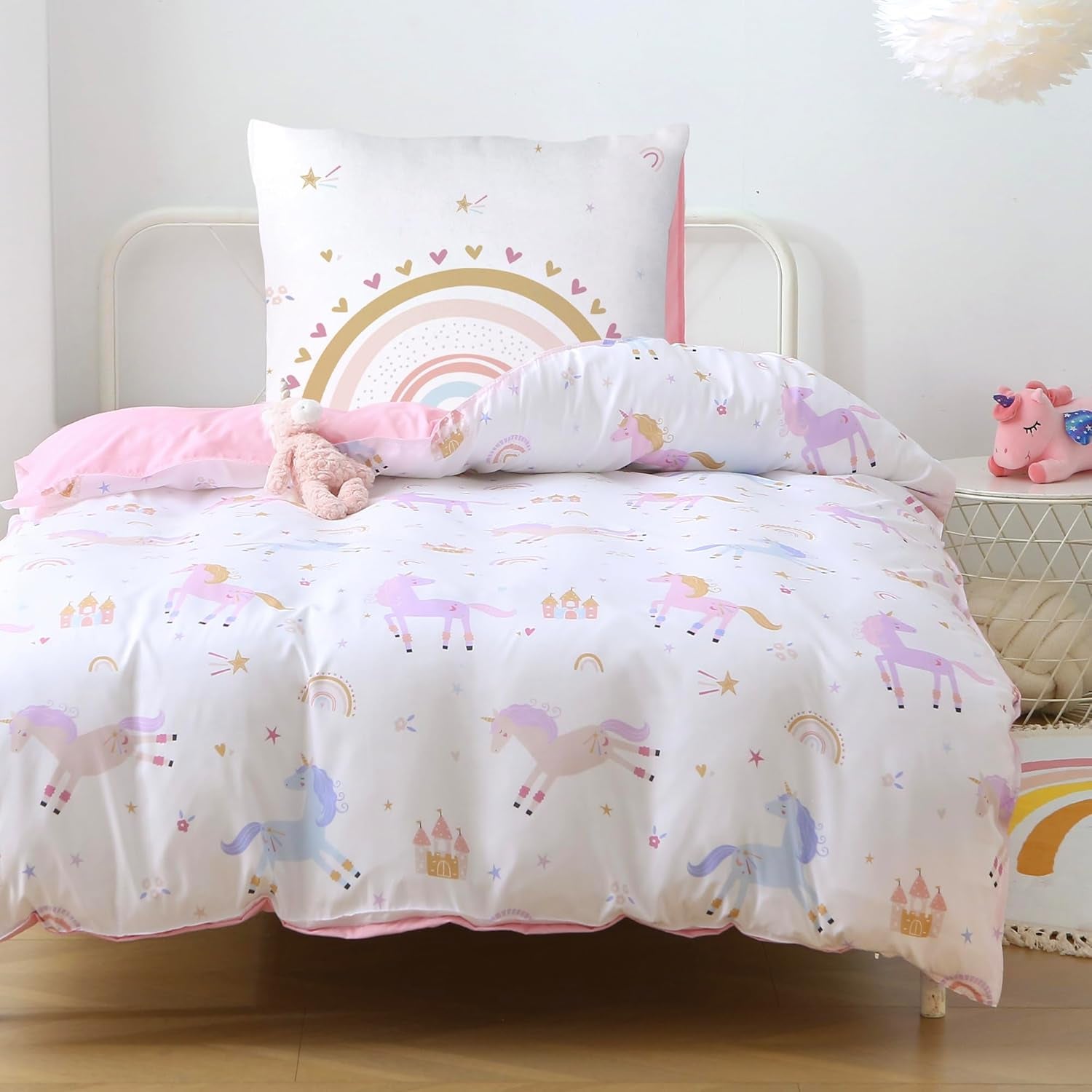 Fekohipy Bettwäsche 135X200 Mädchen Einhorn Kinderbettwäsche Rosa 3D-Druck Mikrofaser Regenbogen Kinder Bettbezug Mit Reißverschluss Und 1 Kissenbezug 80X80Cm 2-Teilige Kinderbettwäsche-Set Naty Shop Einhornregenbogen 135X200Cm+80X80Cm