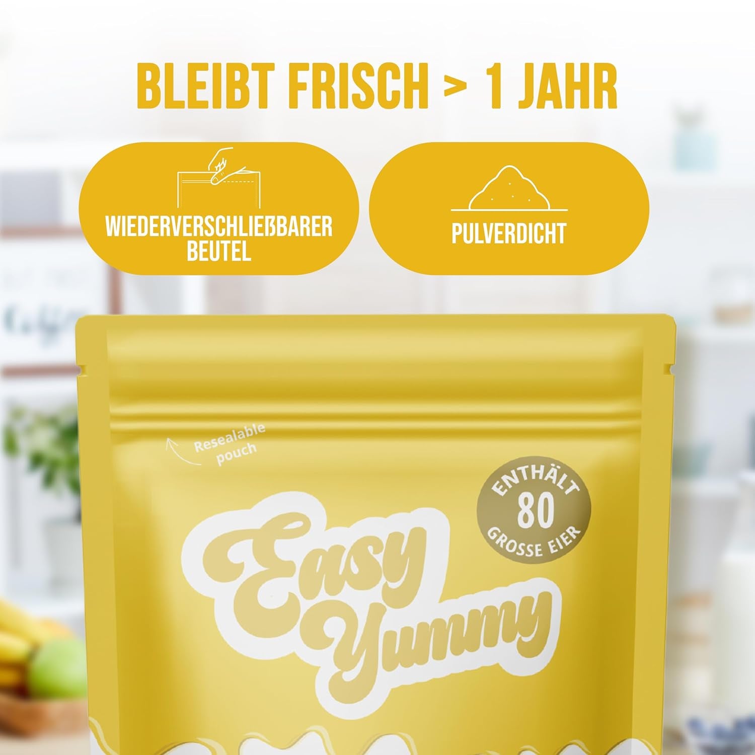 EASY YUMMY - Vollei-Eipulver (1000g = 80 Eier) z Regionalen Niederländischen Freiland-Eiern | mýtus 1-Ei-Messlöffel | Wiederverschließbarer Beutel, lange Haltbarkeit | Rührei, Kochen, Backen | 100% jich