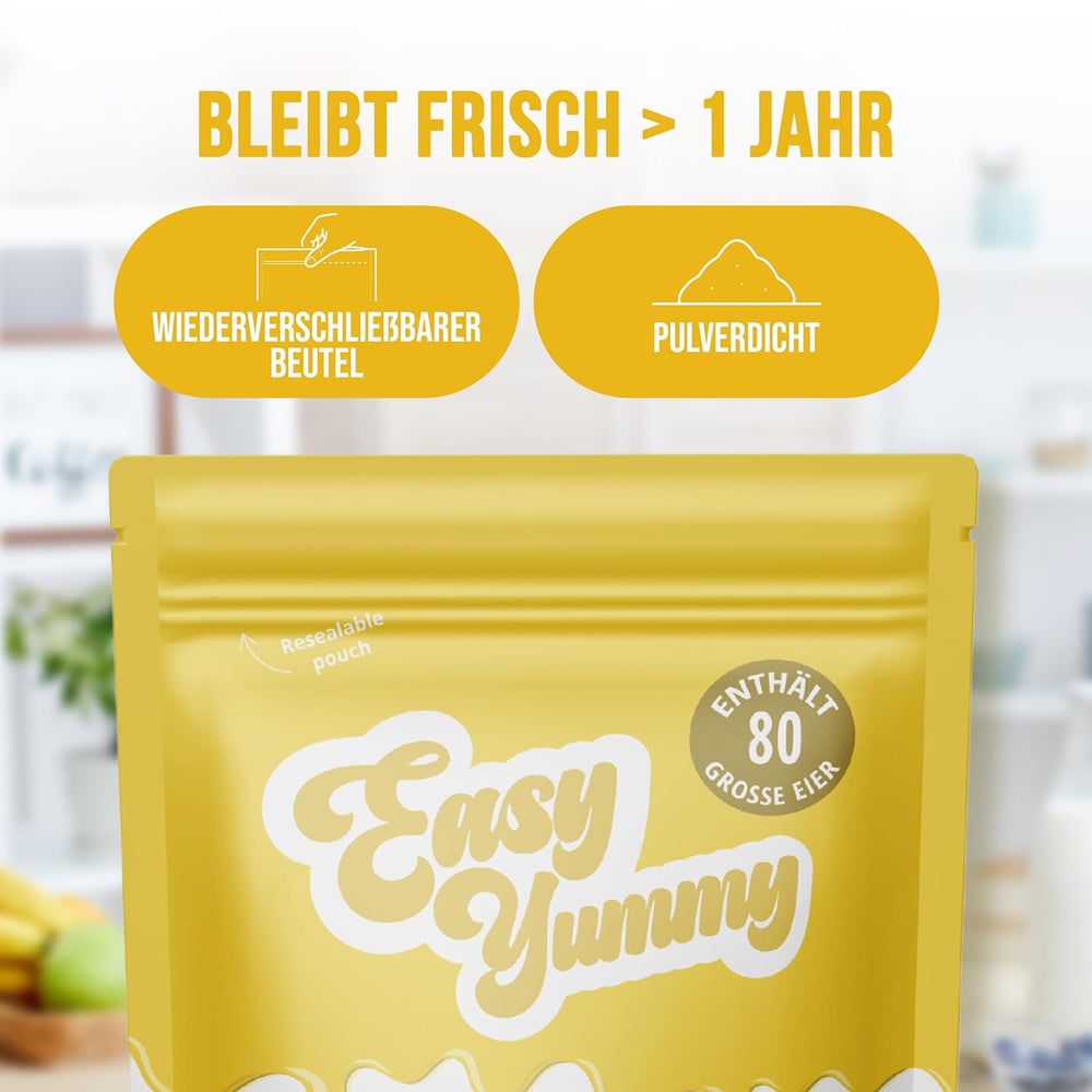 EASY YUMMY - Vollei-Eipulver (1000g = 80 Eier) z Regionalen Niederländischen Freiland-Eiern | mýtus 1-Ei-Messlöffel | Wiederverschließbarer Beutel, lange Haltbarkeit | Rührei, Kochen, Backen | 100% jich