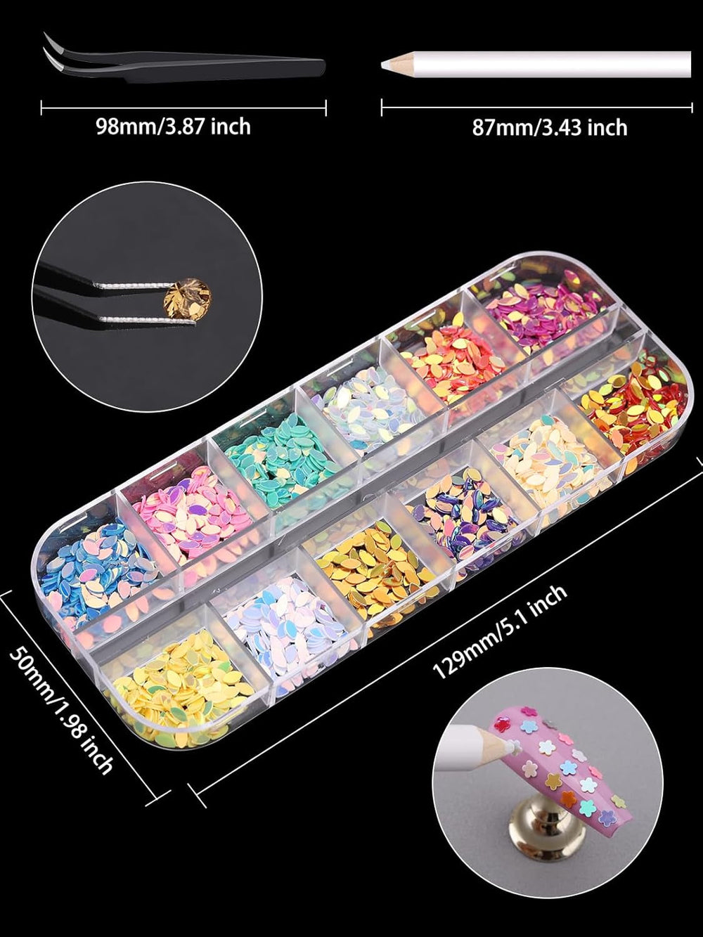 EBANKU Nail Art Strass Kit Multi Design Zubehör Mit 1 Pinzetten 1 Stück Wachsstifte Deko Diamanten Kristalle Perlen Edelsteine Bunt Pferdeaugen Strass Metall Nieten Für Nagel DIY (1 Stück (10Er Pack))