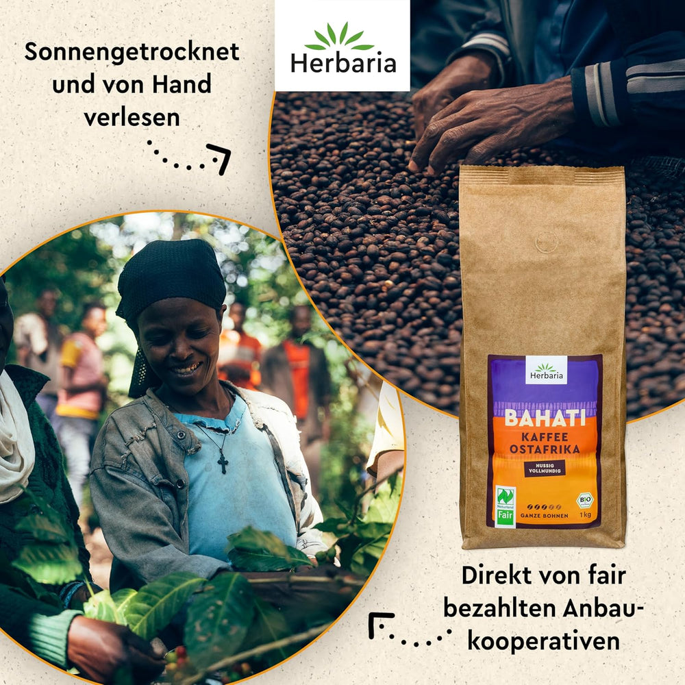 Herbaria BAHATI | BIO Kaffee ganze Bohnen | Naturland Fair zertifiziert aus Ostafrika | ausgewogene Röstaromen mit Noten von gerösteten Nüssen & Schokolade | Kaffeebohnen für Kaffeevollautomaten | 1kg