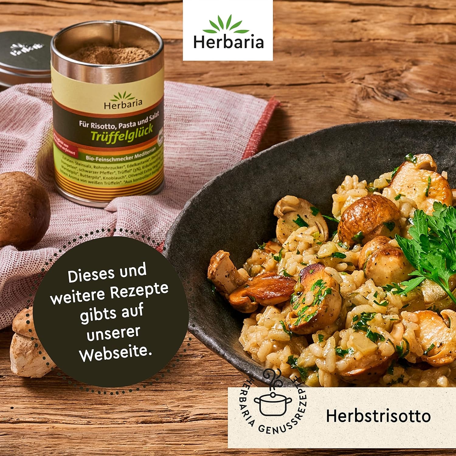 Herbaria Trüffelglück bio 110g M-Dose - Fertiges Bio-Pilz- & Trufflegewürz für intensiv-köstliche Gerichte - mit erlesenen Ingredience - in nachhaltiger Aromaschutz-Dose
