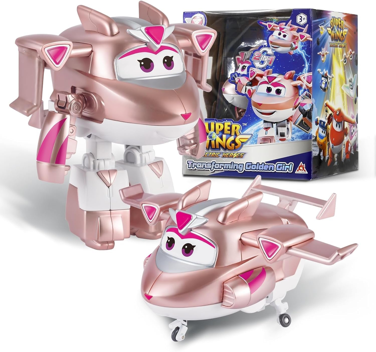 Transformační letadlo Super Wings Supercharged Traver, přibl. 12,7 cm velká dětská figurka na hraní Letadlo a figurka robota pro chlapce a dívky starší 3 let Stříbrné akční figurky Naty Shop Zlatá dívka