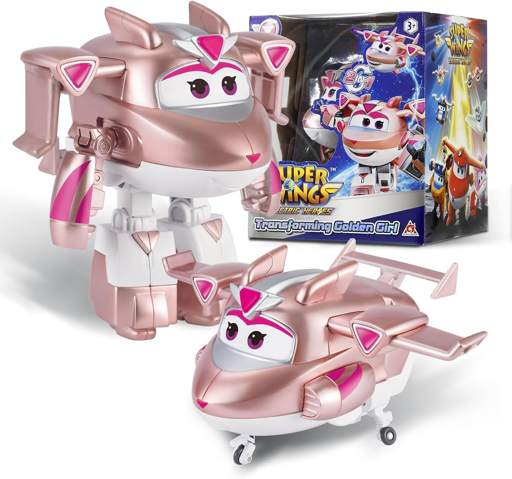Transformační letadlo Super Wings Supercharged Traver, přibl. 12,7 cm velká dětská figurka na hraní Letadlo a figurka robota pro chlapce a dívky starší 3 let Stříbrné akční figurky Naty Shop Zlatá dívka