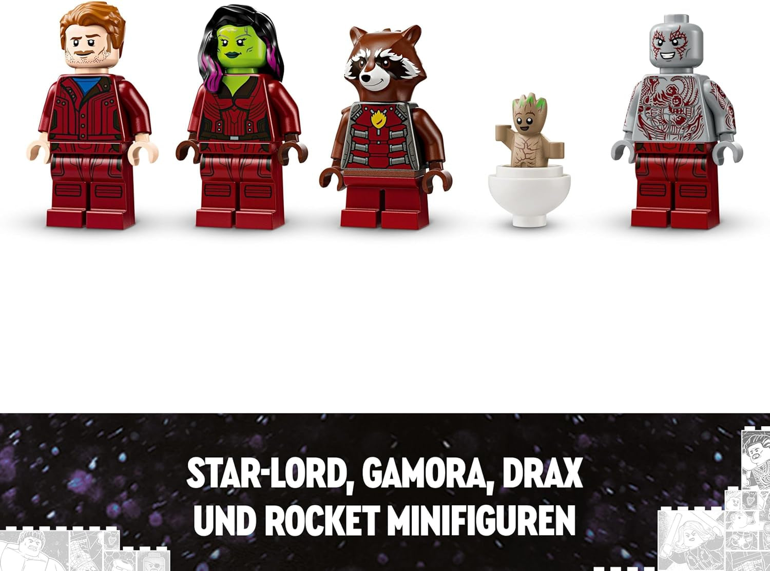 LEGO Marvel Guardians of the Galaxy: Model stavby vesmírné lodi Milano se 4 minifigurkami superhrdinů Avengers Leták pro vesmírná dobrodružství Dárek pro chlapce a dívky 76286 Stavebnice Beuche den LEGO-Store