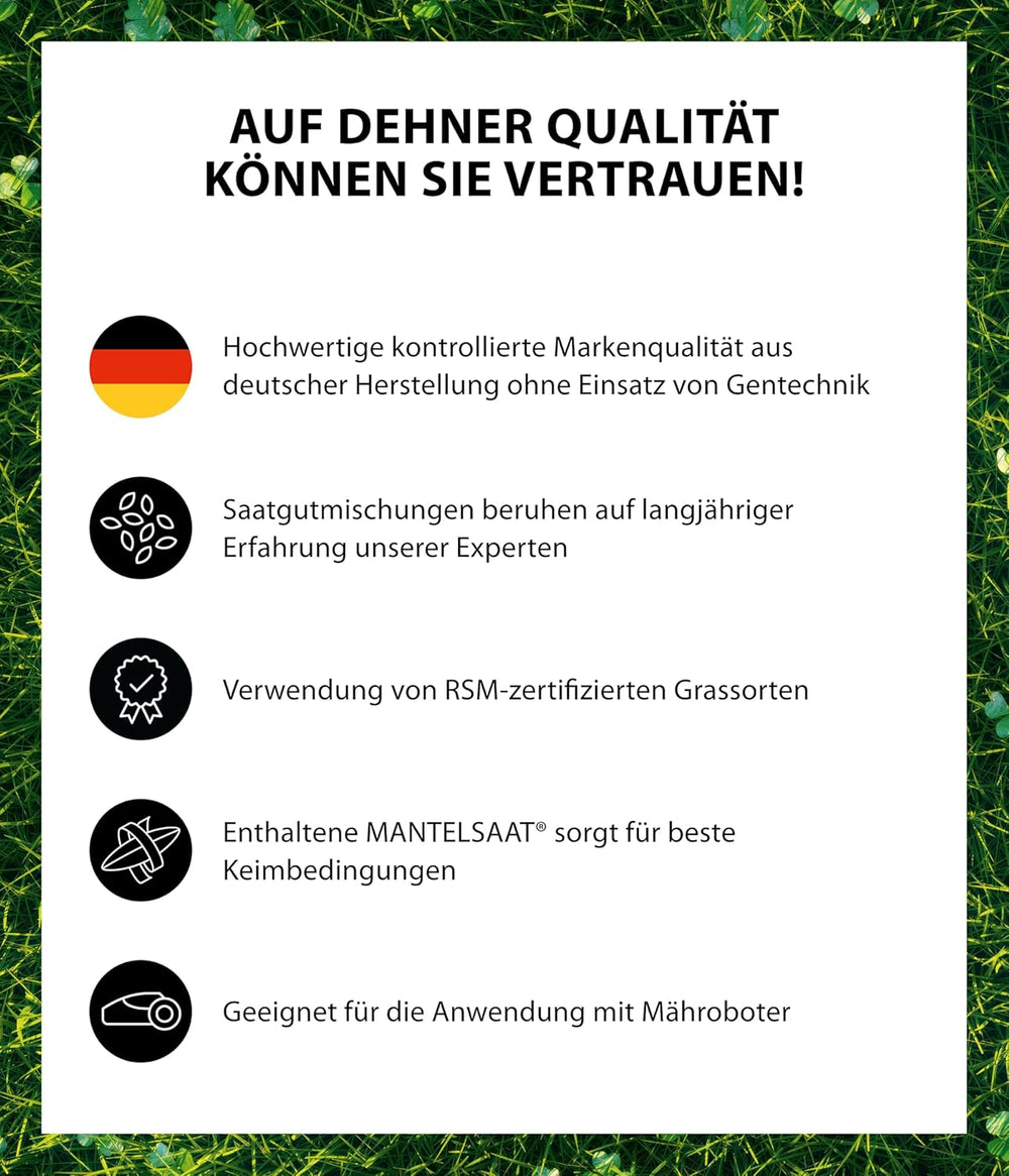 Dehner Saatgut Mikroklee-Rasen, Hochwertige Rasensamen Für Dichten/Sattgrünen Rasen Mit Feiner Optik, Pflegeleicht/Selbstdüngend, Ideal Für Spiel- & Entspannungsflächen, 1.25 Kg Für Ca. 50 M²