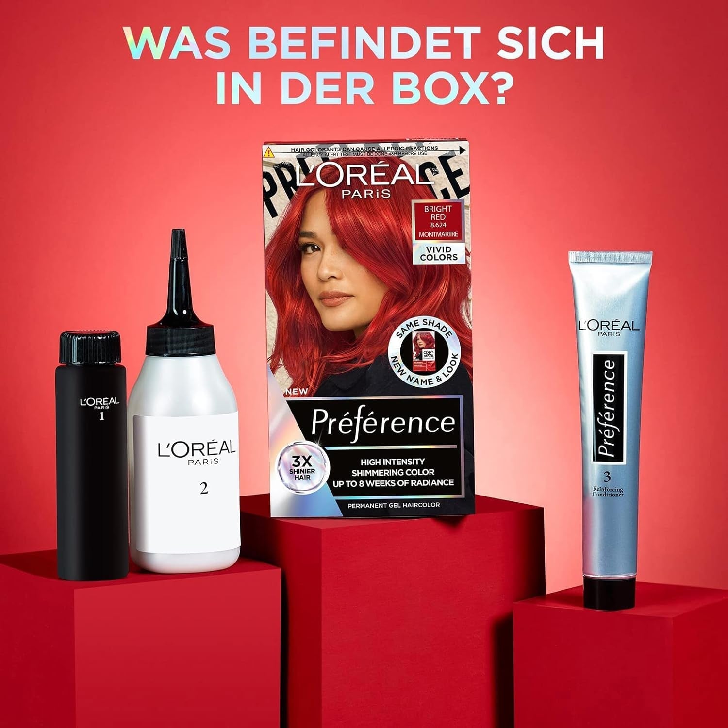 L'Oréal Paris Intensive permanent hair color, Până la 8 săptămâni de păr strălucitor și culoare intensă, Préférence Vivid Colors, Culoare: 8.624 BRIGHT RED, 1 buc (pachet de 2) Vopsea pentru par Naty Shop