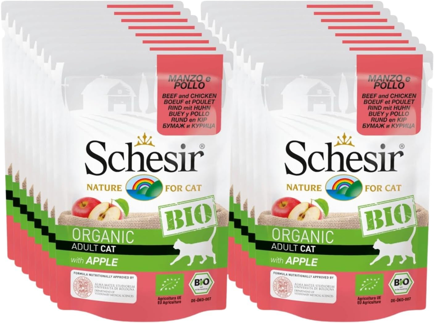 Cat Bio Adult Vită și Pui cu Măr, Hrană Umedă pentru Pisici, 16 Pliculețe x 85g