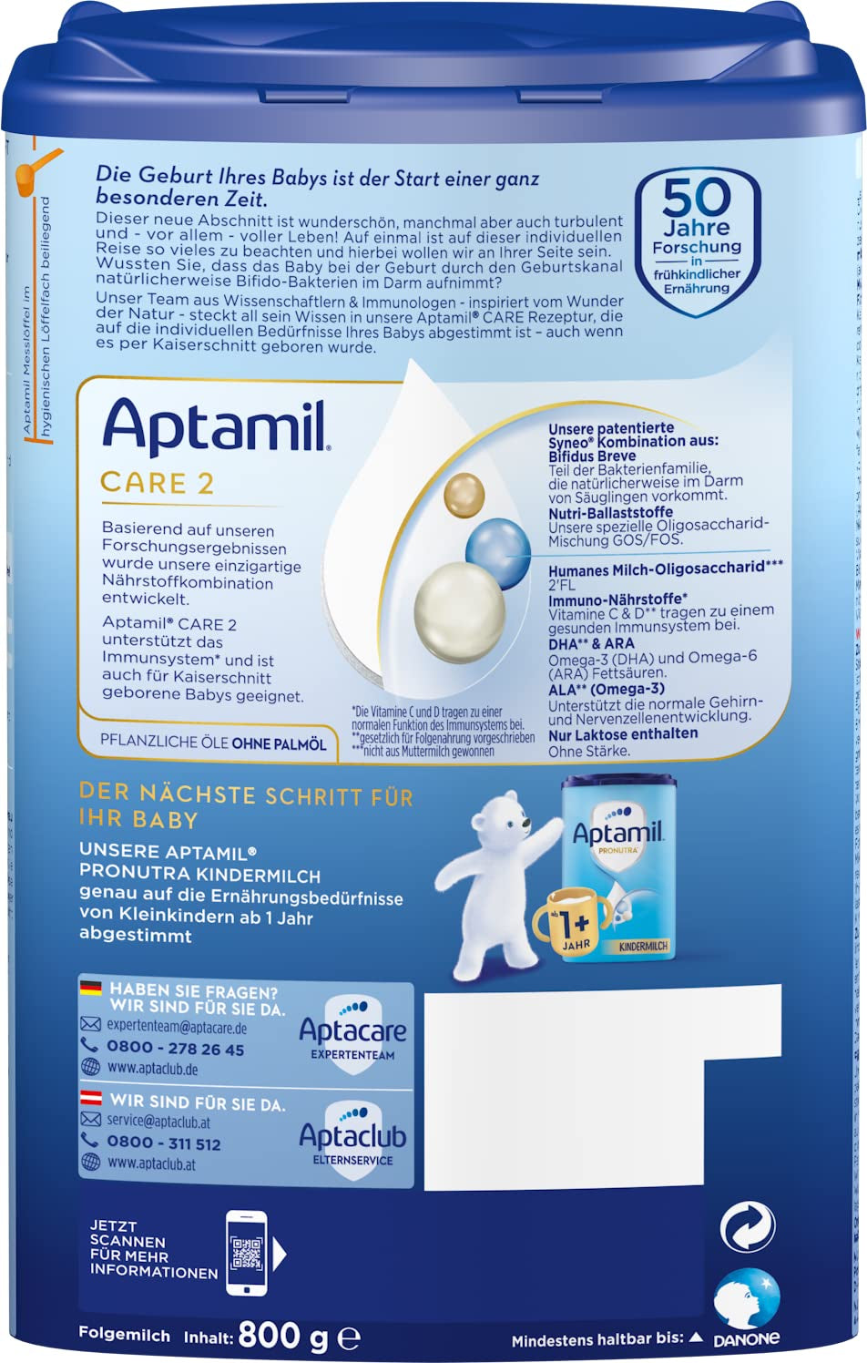 Aptamil Care 2 - Pokračovací mléko po 6 měsících, s Omega 3 a 6, DHA a ARA, bez palmového oleje, dětská výživa, sušené mléko, 1 x 800 g (balení 6 ks)