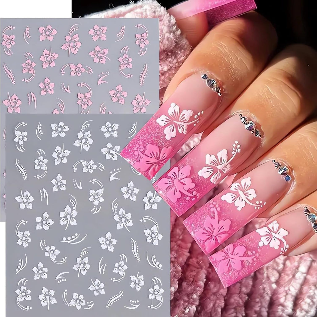 8 Stück Hibiskus Nagelsticker, 3D Selbstklebende Blumen Nagelaufkleber, Weiß Rosa Gelb Magenta Sommer Neonail Sticker, Nail Art Zubehör Nagel Deko Für Frauen