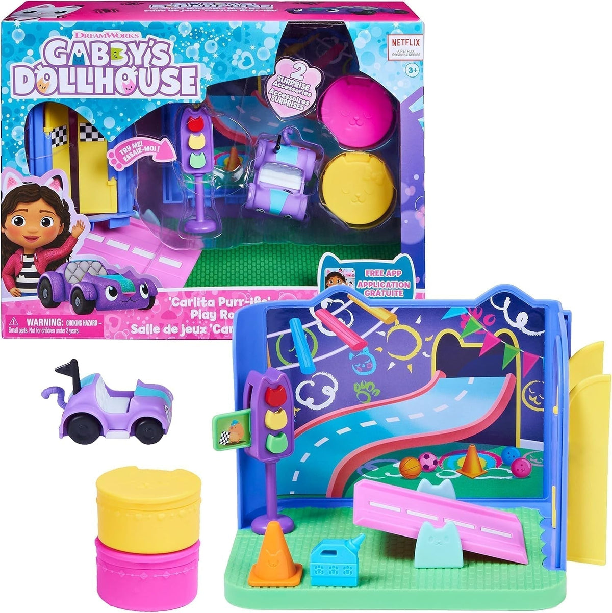 Gabby's Dollhouse Deluxe Room, cameră de joacă Purr-Ific, cameră de joacă cu mașină de jucărie Carlita, 2 piese de mobilier și 2 cutii surpriză cu accesorii, potrivită pentru copii de 3 ani și peste Casute de papusi Naty Shop Multicolor