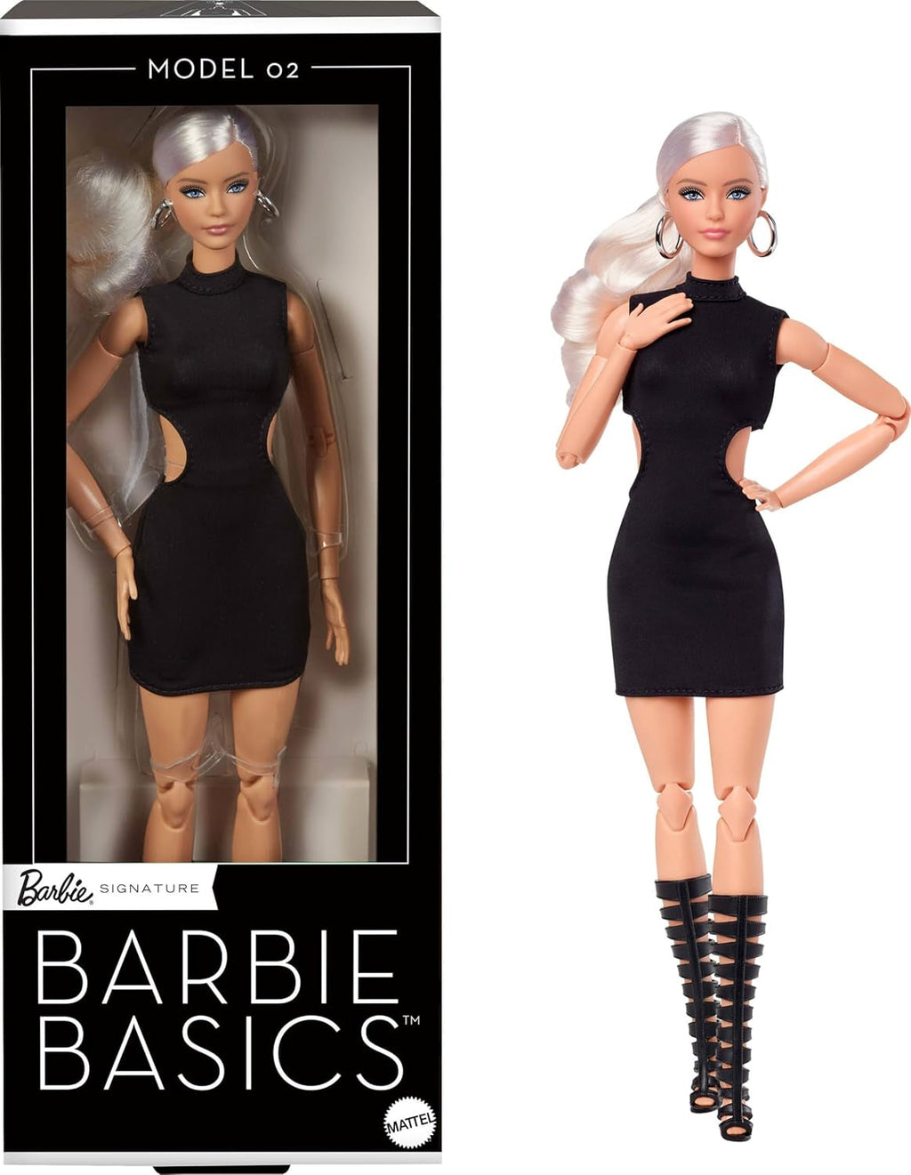 Barbie Basics Model 2, păpușă de colecție cu păr blond, rochie mini neagră și cizme gladiator, Universal Fit Fashion, corp mobil și cap interschimbabil, JBH71 Papusi Naty Shop Titlu implicit