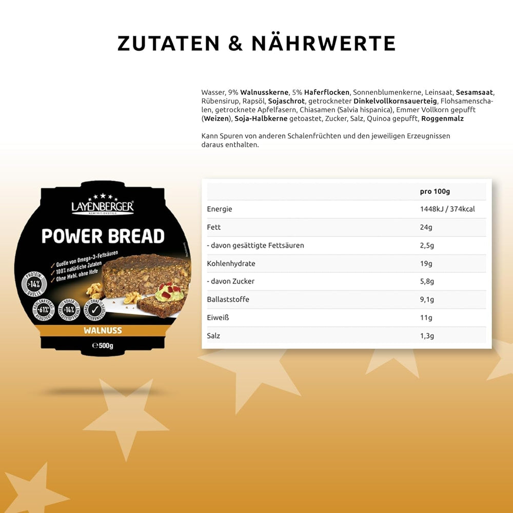 Layenberger Prower Bread Walnut, Eiweiß- Und Ballaststoffquelle, Ohne Konservierungsmittel, Ohne Hefe, Ohne Mehl, Mit 14G Protein Pro 100G, (1 X 500G) Směs na pečení a vaření Naty Shop