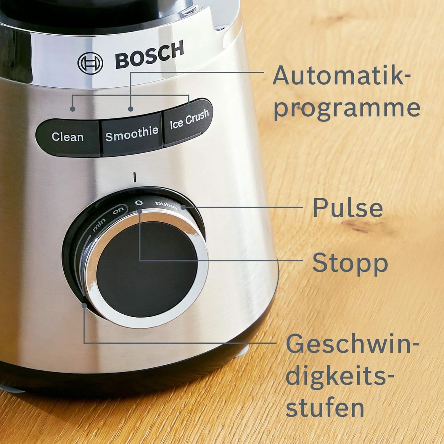 Bosch Standmixer Vitapower Serie 4 MMB6382M, Edelstahl-Klingen Made in Germany, 1,5L Thermosafe Glasbehälter, Stopfer, Sicherheitsdeckel, Spülmaschinengeeignete Teile, 30 000 U/Min, 1200 W, Shopstahl Kitchen Naty