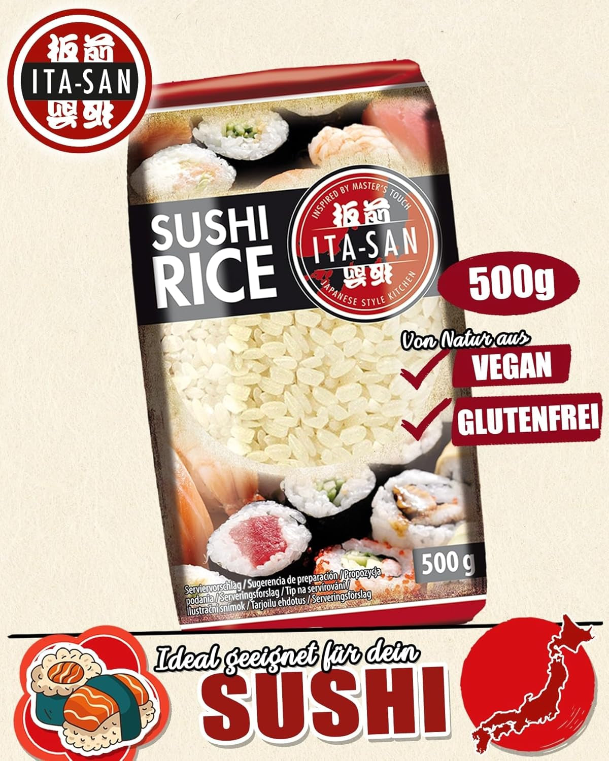 ITA-SAN Sushi rýže, kulatá zrna, špičková kvalita, 100% čistá odrůda, rychlá a snadná příprava, veganská, halal, bez lepku (1 x 500 g)