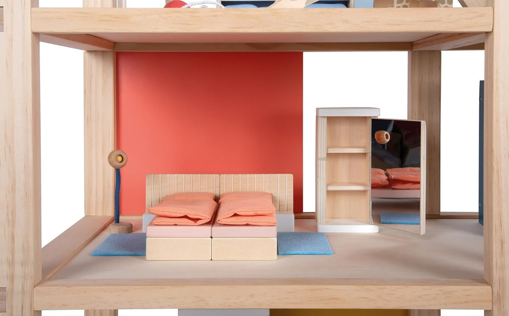 Casă de păpuși din lemn Small Foot, culori naturale – cu 3 etaje, terasă pe acoperiș și set de mobilier cu 51 de piese, încurajează jocul creativ, potrivită pentru vârste de la 3 ani în sus, 12541