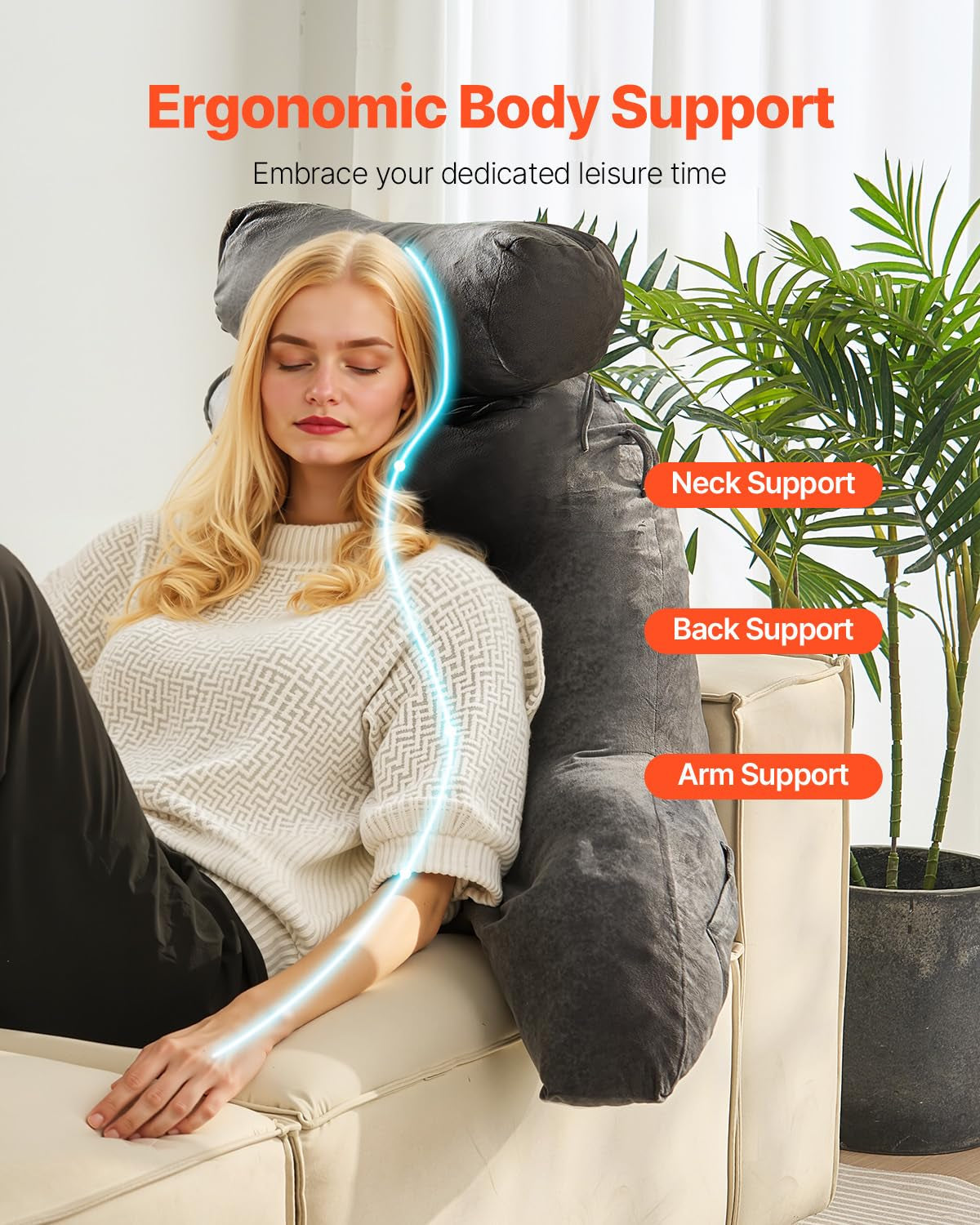 Pernă de citit VEVOR, pernă de pat (mare) cu tetieră detașabilă, pernă pentru spate cu 3 buzunare și material textil lavabil din catifea scurtă și spumă cu memorie mărunțită, lateral cu mâner, pentru vizionarea la televizor, citit, jucat