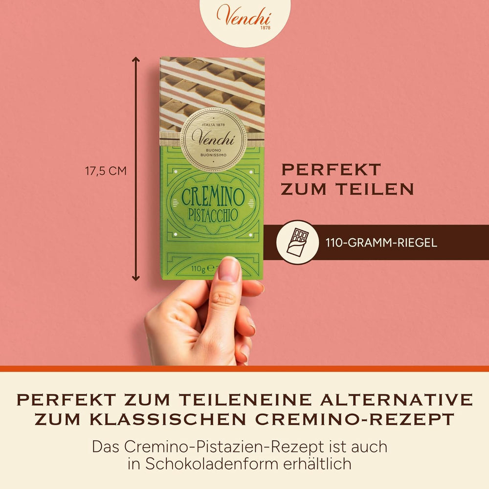 Venchi - Cremino Pistáciová tyčinka, 110g, mléčná a bílá čokoládová tyčinka s pistáciovou pastou, třívrstvá receptura s příchutí Středomoří, bez lepku, bez umělých barviv