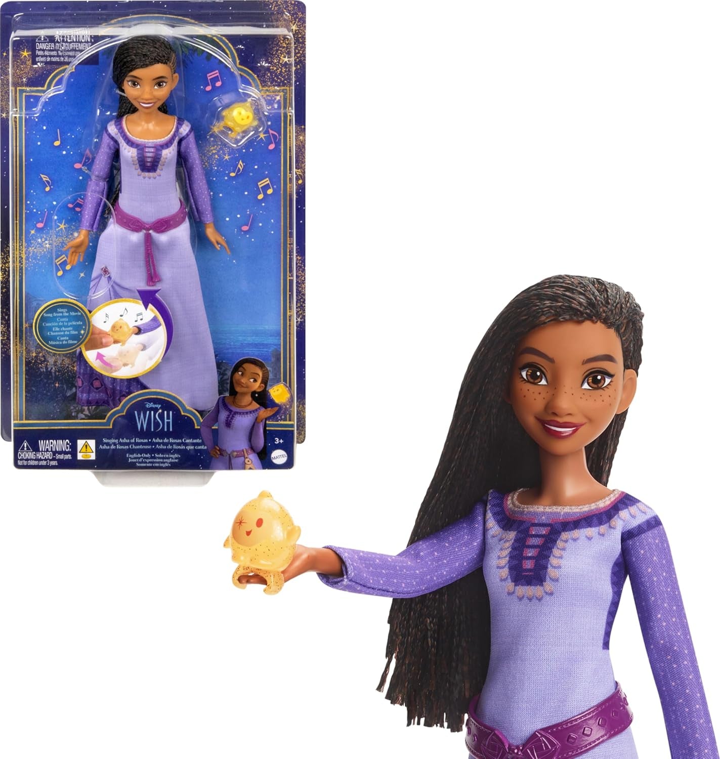 Mattel Disney Singende přání Asha of Rosas Modepuppe & Star Figur, s elegantním oblečením, zpívané "This Wish" auf Englisch