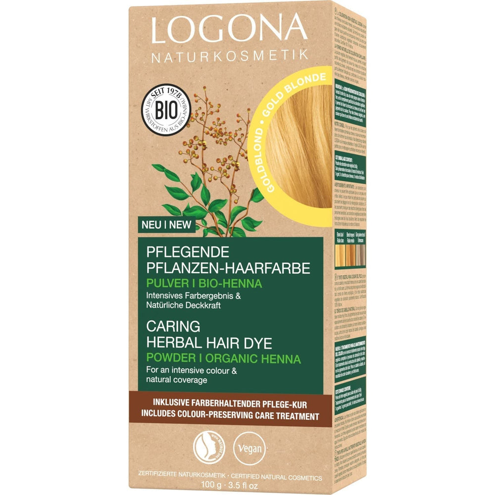 LOGONA Natural Cosmetics Vopsea de păr hrănitoare pe bază de plante, vopsea de păr vegană pudră cu henna organică pentru culoare intensă și strălucire, vopsea de păr pe bază de plante în blond cupru (blond), 1 x 100g Vopsea pentru par Naty Shop Blond auriu 100 G (1 pachet)