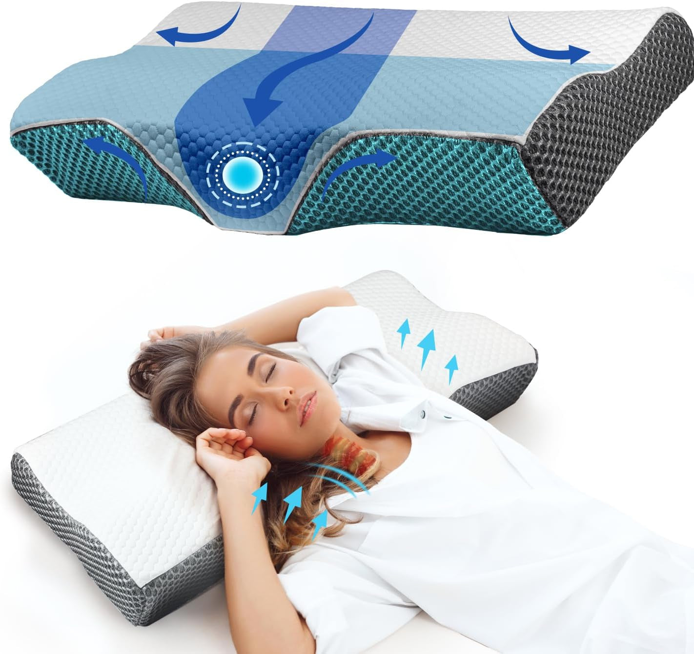 Pernă pentru dureri de gât, pernă ergonomică ortopedică pentru gât, pernă din spumă de memorie pentru părți, spate și abdomen, pernă anti-sforăit pentru bărbați femei (62 * 34.5 * 12/8CM) Perne ortopedice cervicale Naty Shop