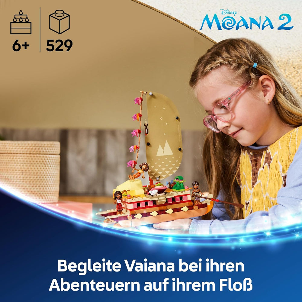 LEGO ǀ Disney Vaiana 2: Vaianas Abenteuerfloß - Botička s textilním pouzdrem, abnehmbarem Deck, Lagerfeuer a 3 minifigurky, vč. Loto und Moni – Geschenk für Mädchen ab 6 Jahren & Fans – 43270
