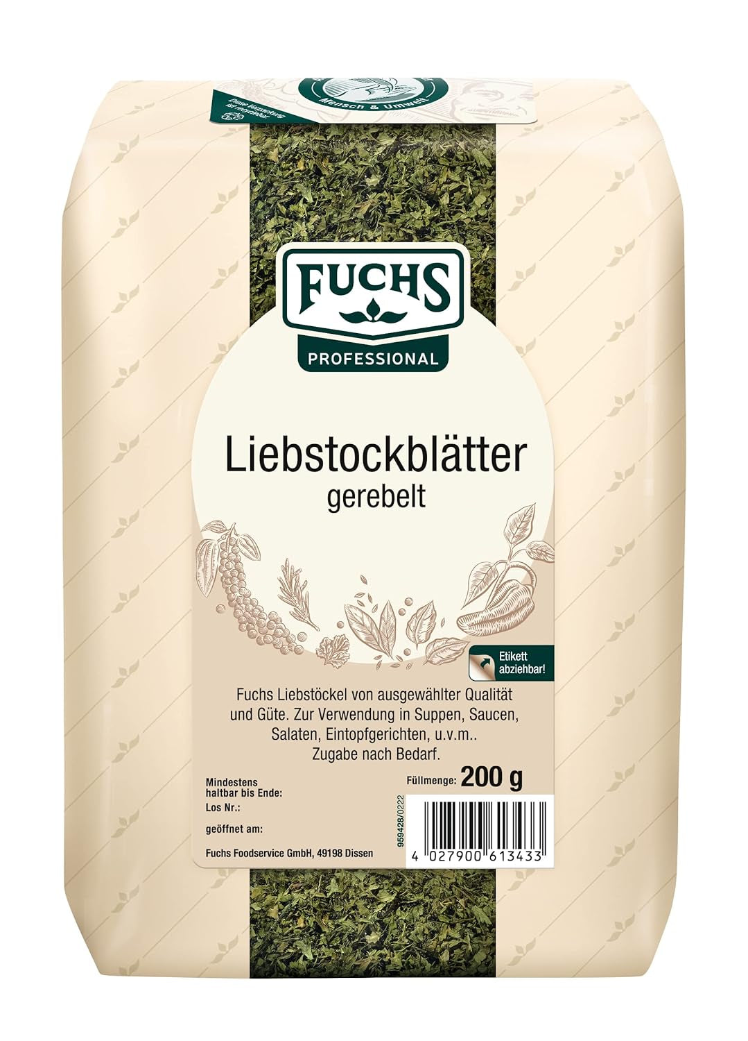 - Liebstockblätter gerebelt | Pro salzarme Küche geeignet, passt zu Eintöpfen nebo Salaten | Profi-Qualität für Großverbraucher | 0,25 kg v recyklovatelném pytli