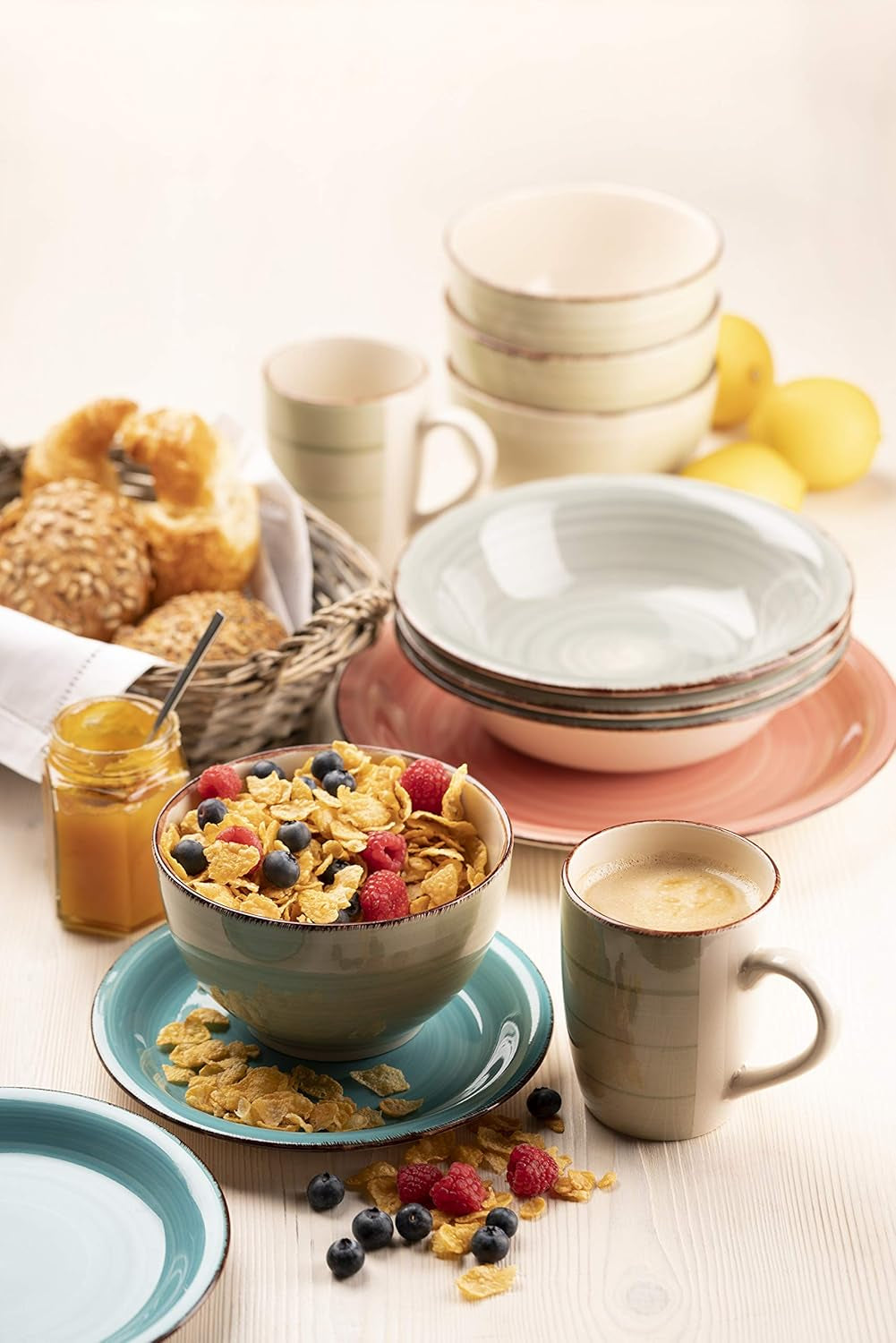 MÄSER 931490 Bel Tempo II Serviciu de mic dejun pentru 6 persoane în aspect vintage, ceramică pictată manual, set de veselă cu 18 piese, verde, gresie