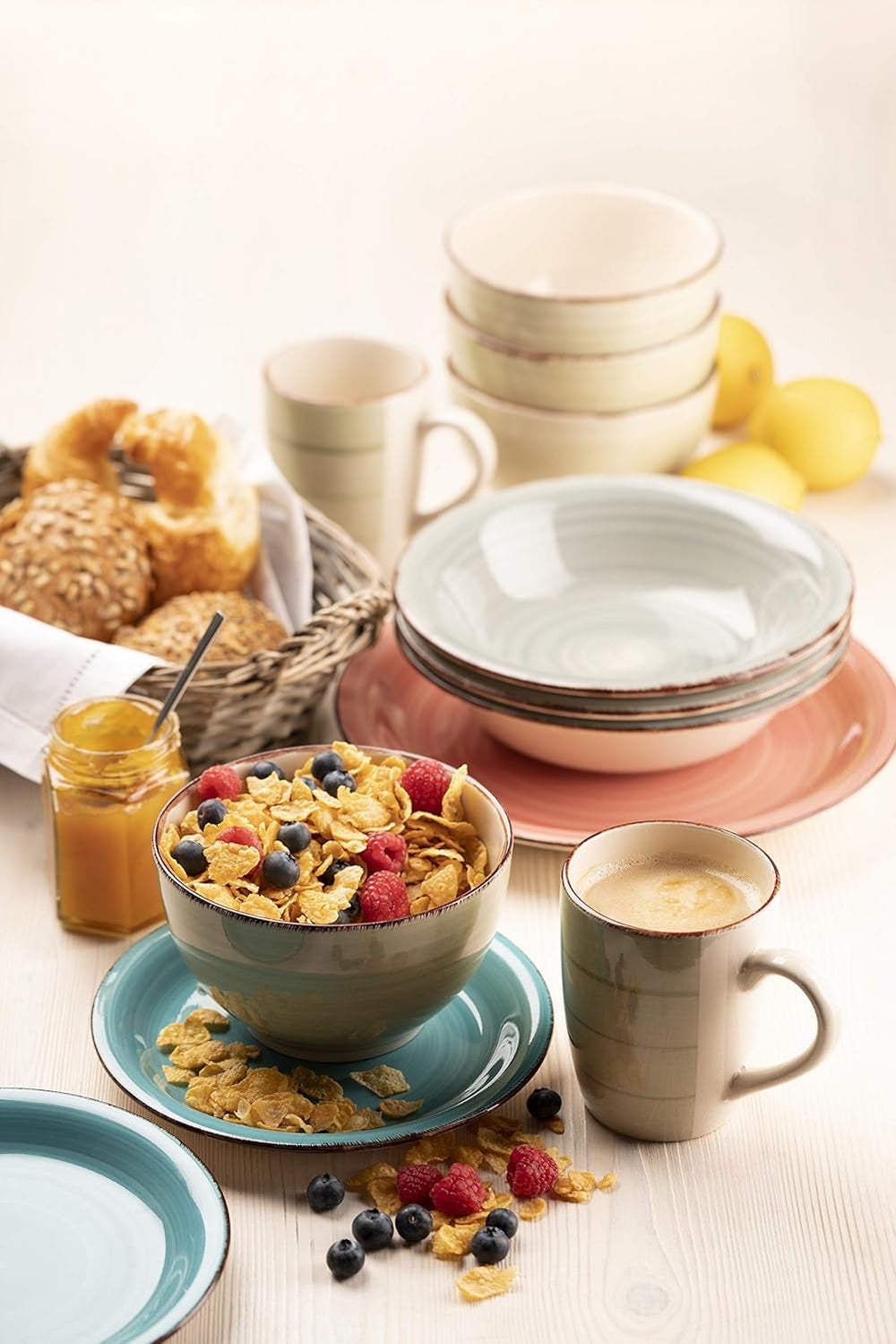 MÄSER set de farfurii pentru 6 persoane cu aspect vintage modern, serviciu de masă din 12 piese, pictat manual, verde, gresie, verde măsliniu (Bel Tempo II) Seturi vesela masa Naty Shop