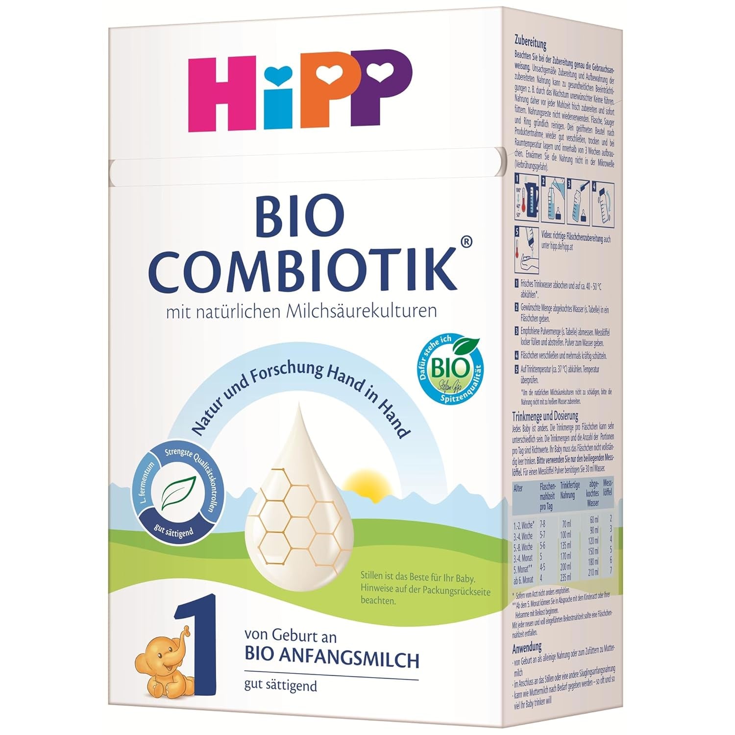 HiPP 1 Bio Combiotik (4 x 600 g), sušené mléko pro kojence od narození, s přírodními kulturami kyseliny mléčné a snadno upravitelným organickým škrobem, v nejlepší bio kvalitě