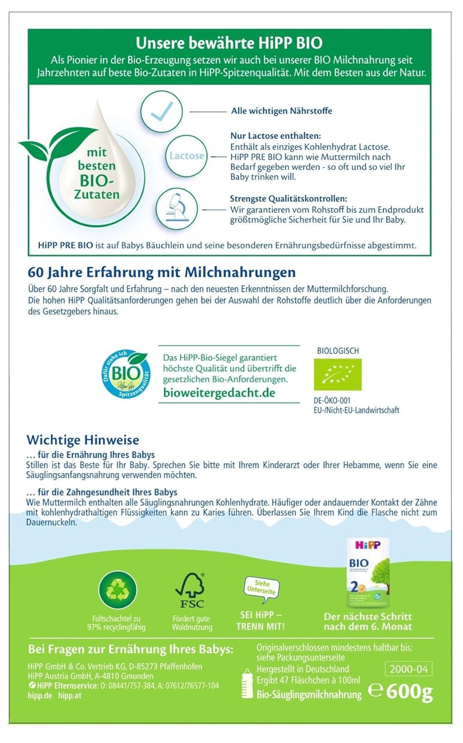 Bio kojenecké mléko HiPP PRE (4 x 600 g), od narození, obsahuje pouze laktózu jako sacharid v nejlepší bio kvalitě