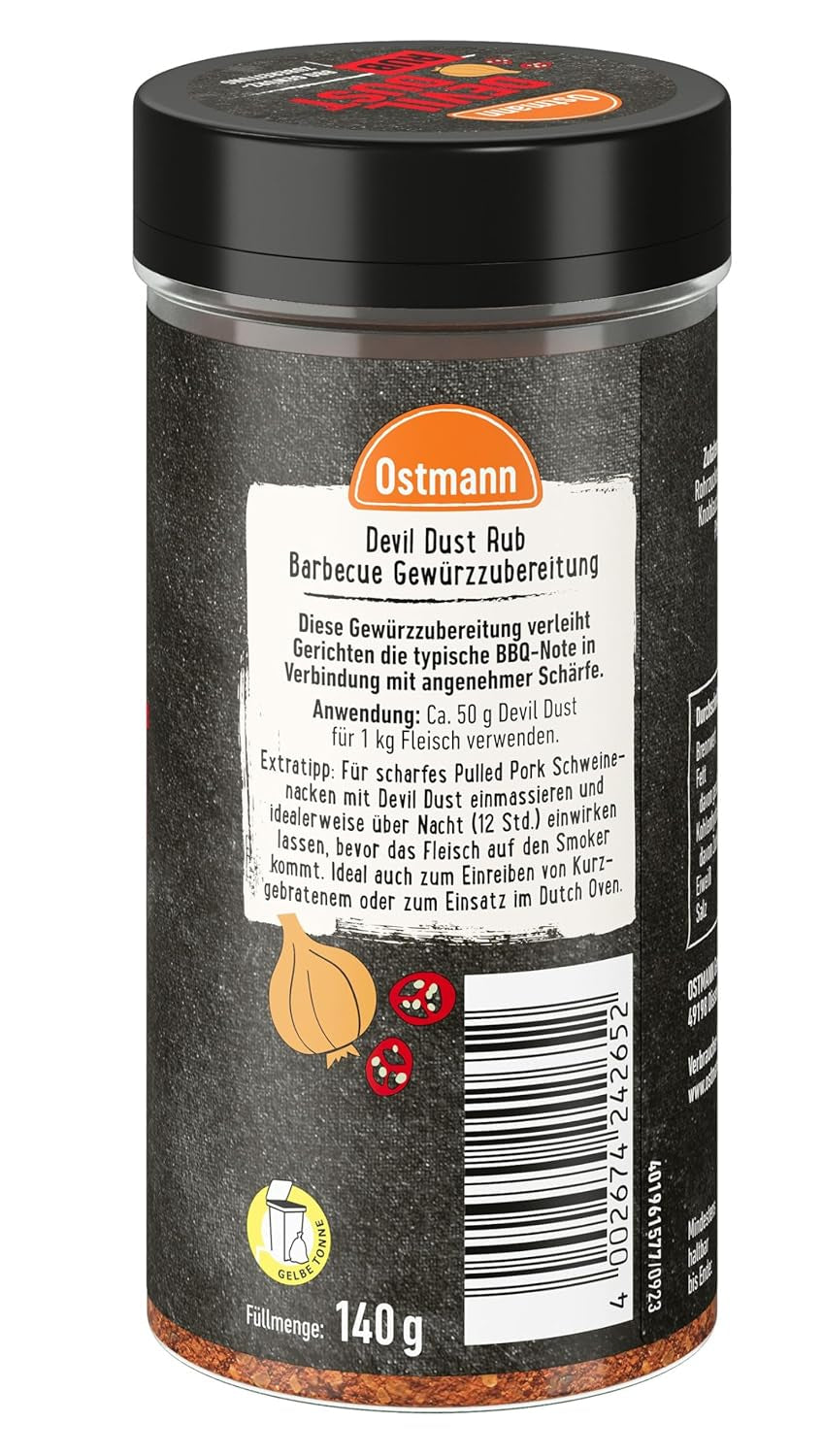 Ostmann Gewürze - Devil Dust | BBQ Rub Gewürzzubereitung | Scharfe Trockenmarinade für Grillfleisch | 140 g ve Streueru