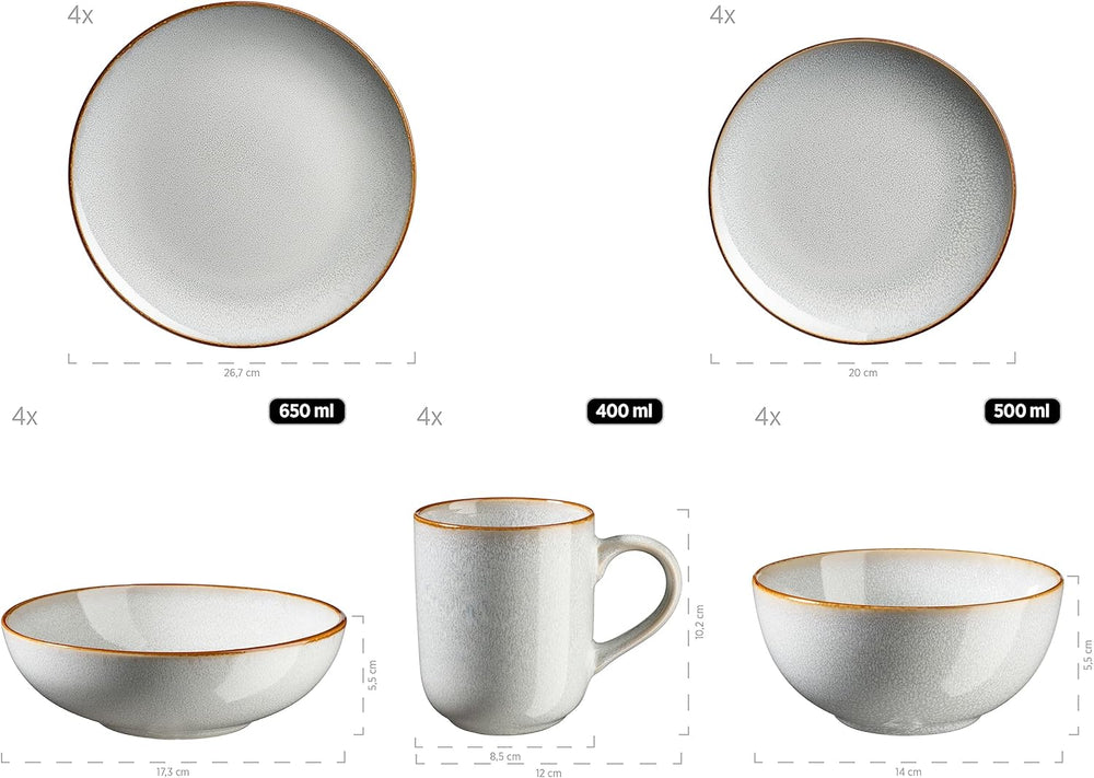 MÄSER Mabella, Set de veselă vintage pentru 4 persoane, Serviciu combinat de 20 de piese cu glazură reactivă rafinată și margine fină maro, Gresie, Gri-Bej