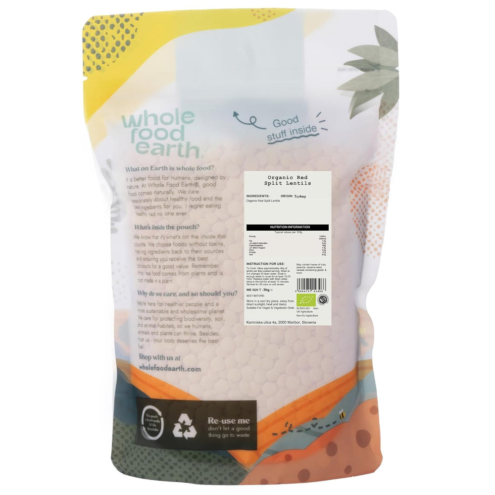 Wholefood Earth Organic Split Red Lentils 3 kg Non-GMO Vegan S vysokým obsahem vlákniny S vysokým obsahem bílkovin z certifikovaného ekologického zemědělství