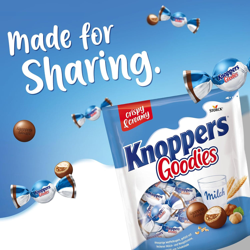Knoppers Goodies Crunchy Minis – 1 x 180g – křupavé oplatkové kuličky plněné kousky lískových oříšků, mlékem a nugátovým krémem, zalité čokoládou