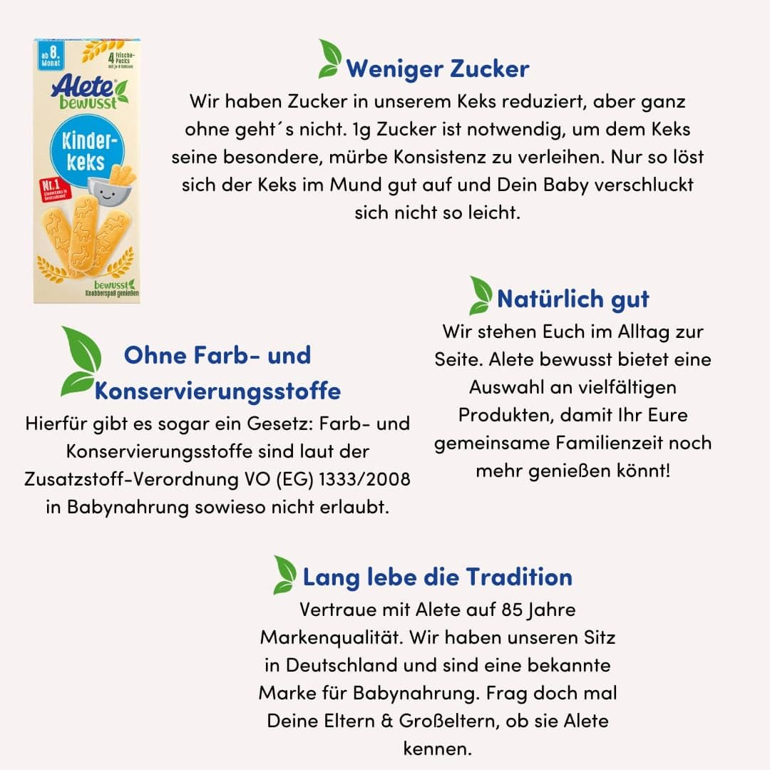 Alete Conscious Baby sušenky, 8 měsíců+, Sušenky s pšeničným máslem pro děti, Prakticky balené malé svačinové sušenky, Perfektní na cesty a včas, 1 x 180 g (balení 2 ks)
