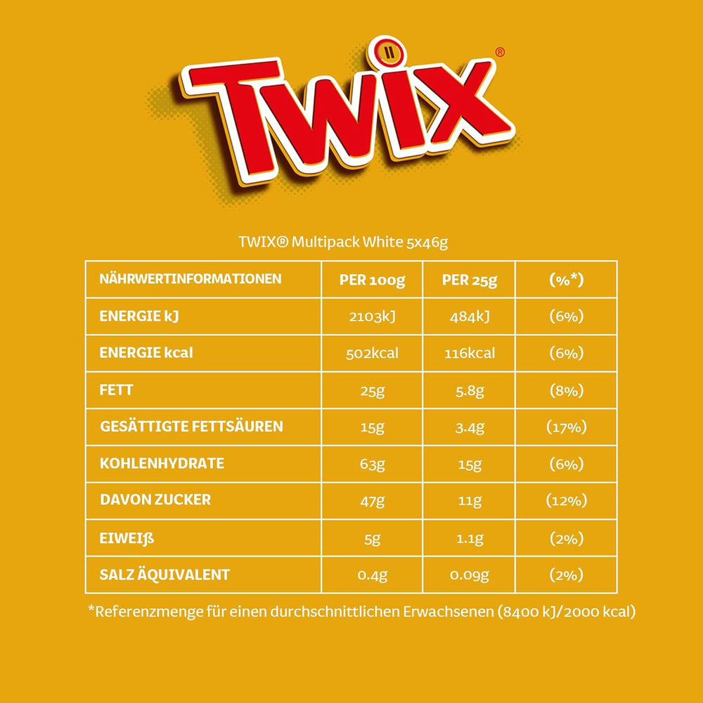 Twix bílé čokoládové tyčinky; karamel, sušenky, bílá čokoláda; více balení čokolády; 5 tyčinek (5 x 46 g)