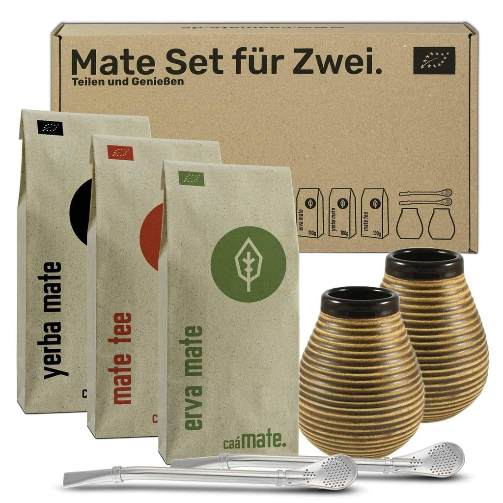 Set de ceai Mate pentru două persoane, organic ● 2 căni Mate + 2 bombillas + 300 g ceai Mate + instrucțiuni de preparare