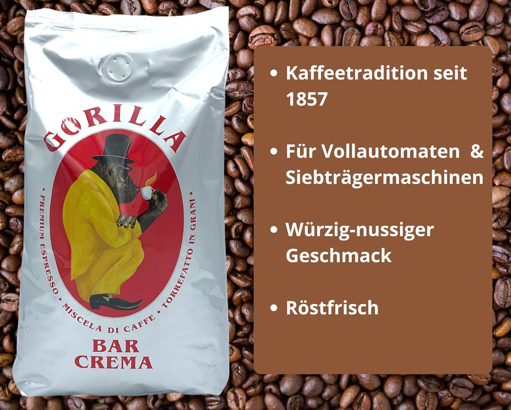 Set de degustare Gorilla Coffee & Espresso 5 x 1000g | Gorilla: Super Bar Crema, Coffee House Blend, Delicato, Café Creme, Super Bar | + Produse de patiserie Jassas