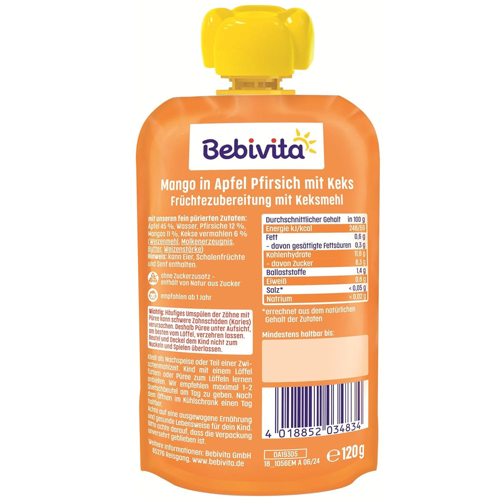 Mango v jablečné a broskvové omáčce se sáčkem sušenek (6 x 120 g), bez přidaného cukru, vyrobené z jemného ovoce a cenných obilovin, ideální pro balené svačiny a na cesty.