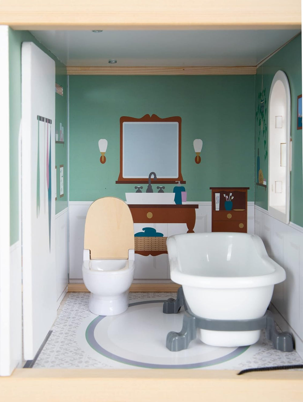 Casă de păpuși din lemn Small Foot, cu 3 etaje, față deschisă și 12 piese de mobilier, pentru copii cu vârsta de la 3 ani în sus, 11802, alb gri