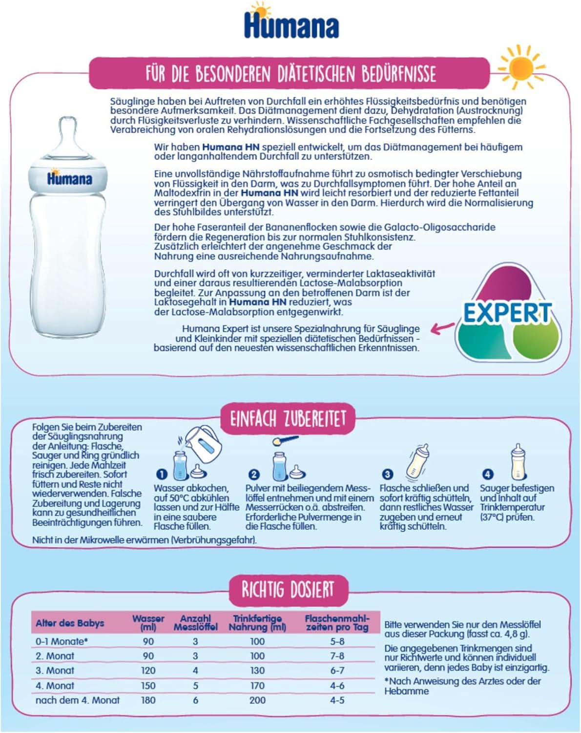 Humana HN Expert, od narození, speciální krmivo pro časté nebo dlouhodobé průjmy, podporuje normalizaci stolice, s banánem, 300 g Naty Shop