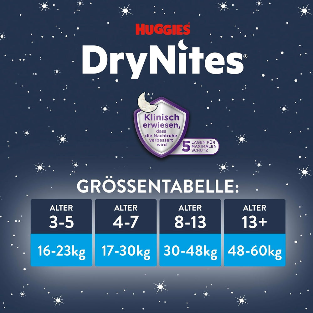 Noční noční pomočování Huggies DryNites pro chlapce od 13 do 8-13 let (30-48 kg) 33dílné (3x11) Jumbo měsíční balení XL plenkové kalhotky Vazba produkty do koupele