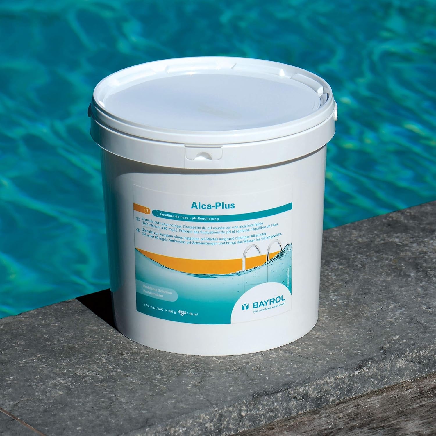 BAYROL e-Alca-Plus - Granule pro korekci nestabilních hodnot pH v důsledku nízké alkality - Kbelík obsahuje odměrku a plastový sáček s bezpečnostním uzávěrem - 5 kg