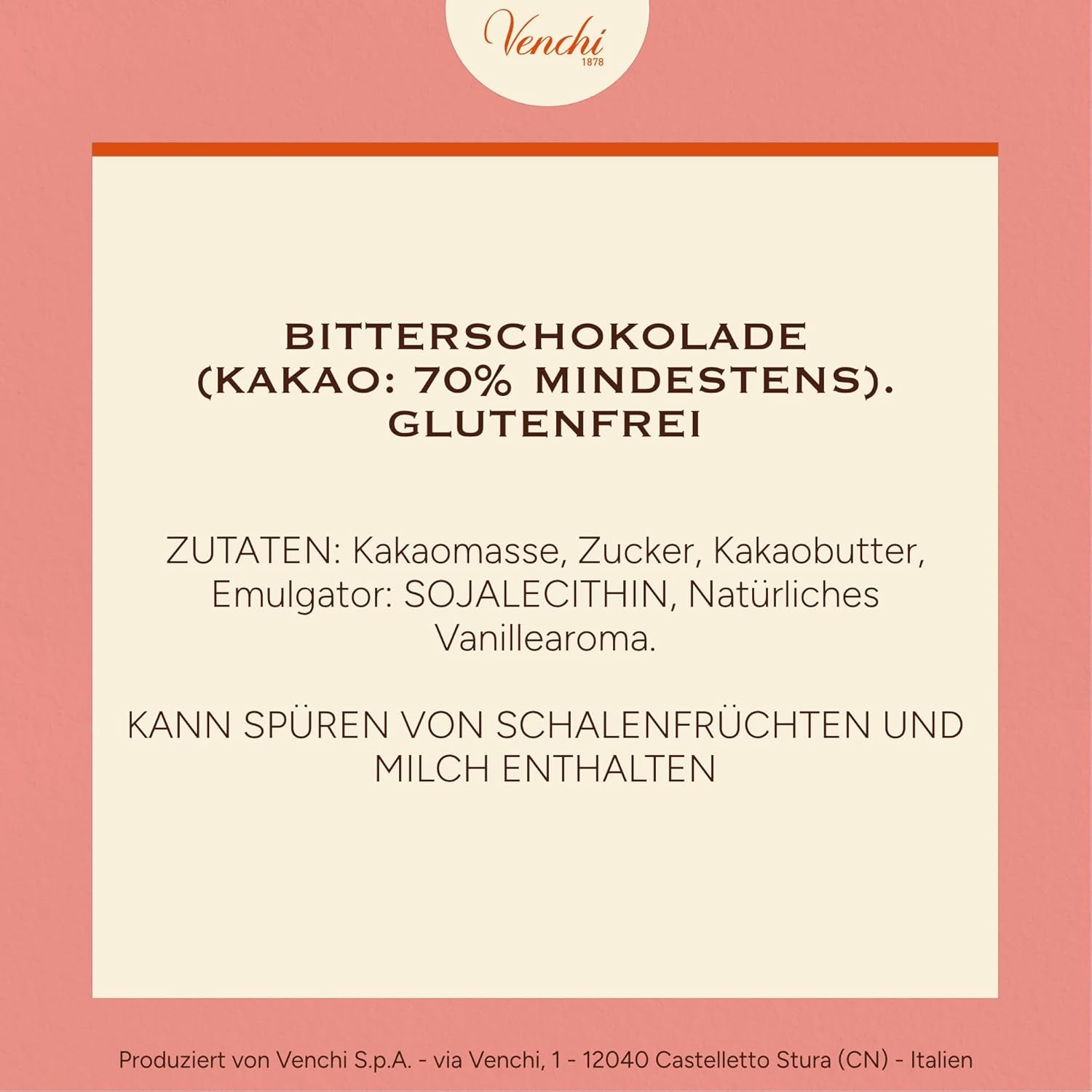 Venchi - Hořká čokoláda 70%, 78 g - S vybranými směsmi kakaa - Bez lepku - Vegan