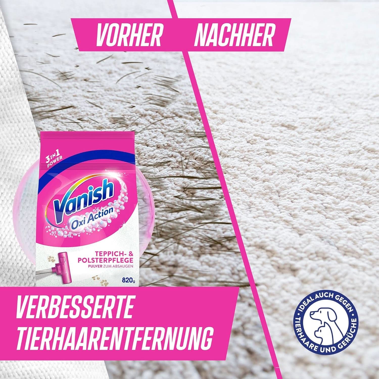 Vanish Oxi Action prášek na čištění koberců a čalounění - 1 X 820 G - Čistí velké plochy koberců a čalounění od špíny, zápachu a prachu Prací prostředky Naty Shop