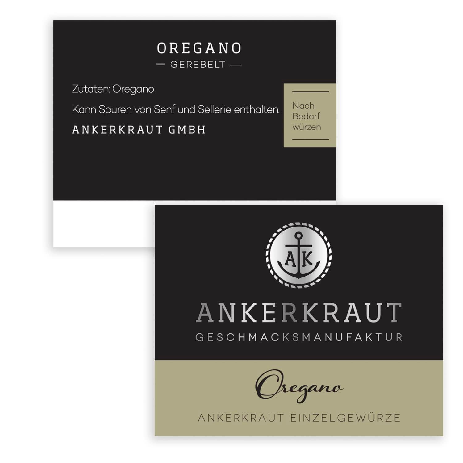 Ankerkraut Oregano Gewürz, sušený gerebelt, ideální pro Pizza polévka Rajčata a ryby, Kräuter zum Würzen, Středomořská kuchyně Küche für zu Hause, Lecker Kochen, 20 g im Korkenglas