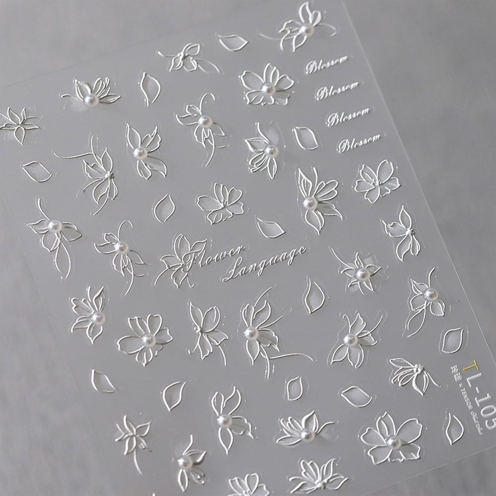 JMEOWIO 3D Nagelsticker Weiße Blumen Nail Art Sticker Selbstklebend Nagelaufkleber 5D Stereoskopisch Dekoration Nageldesign Zubehör 1 Blatt