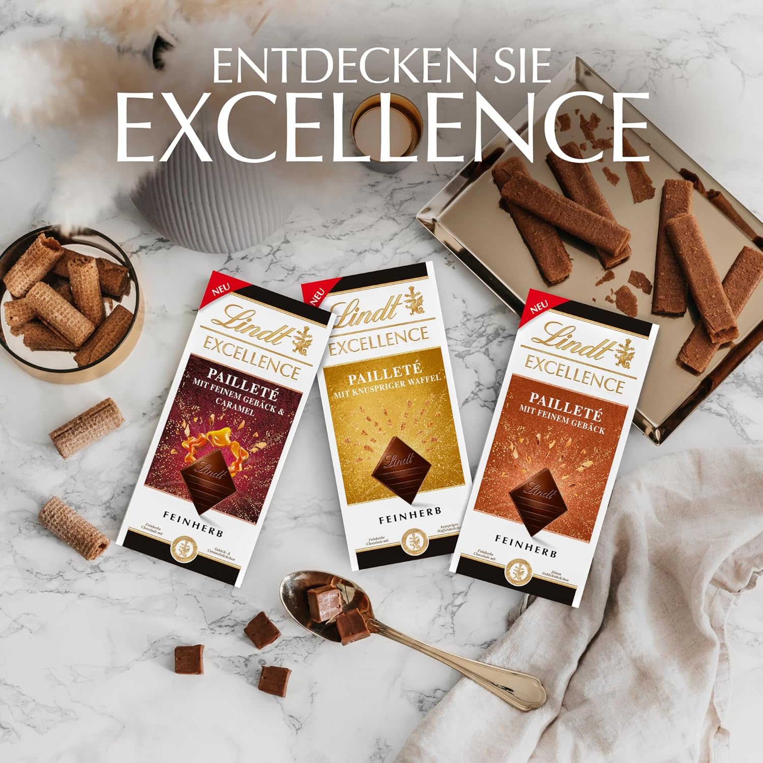 Lindt EXCELLENCE Těsto s flitry a karamelem - jemná hořká čokoláda s intenzivní příchutí kakaa